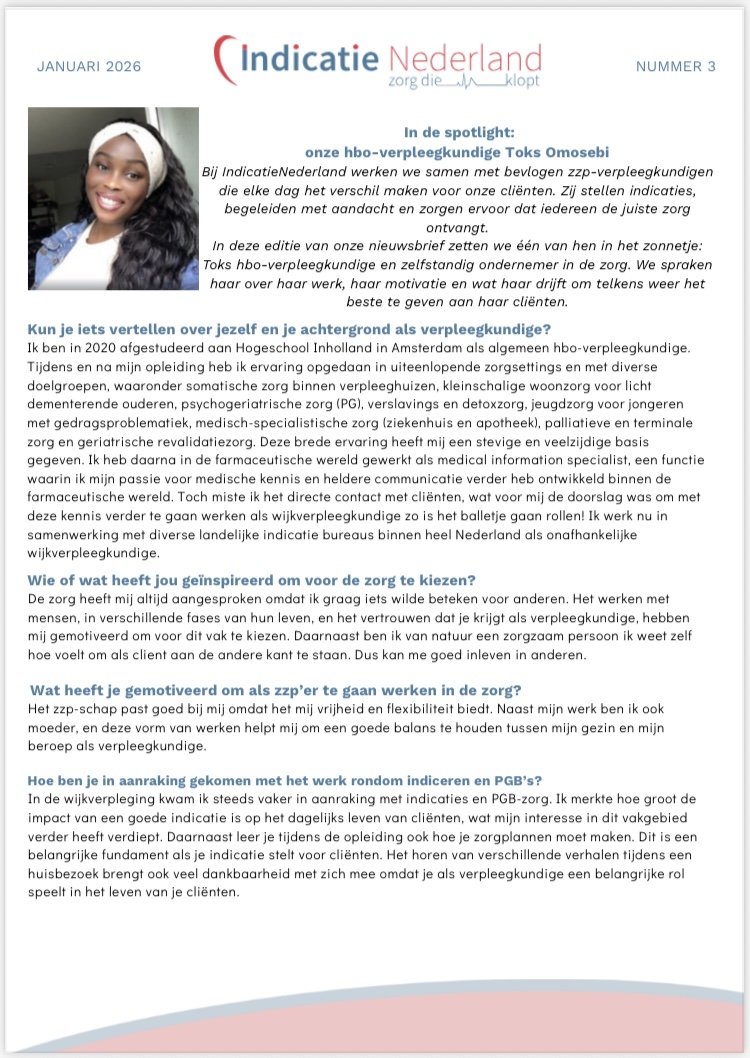 Interview met Toks Omosebi in de nieuwsbrief van Indicatie Nederland, januari 2026 nummer 3, pagina 1